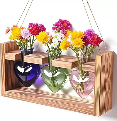 Heart-Shaped Glass Propagation Vases for Plants – 3-Piece Hydroponic Plant Vase with Wooden Stand, Decorative Indoor Plant Decor for Home Office, Ideal Gift for Plant Lovers