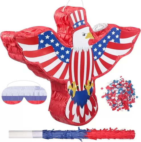 Hicarer Patriotic Piñata with Red White Blue Piñata Stick Blindfold and Pentagram for Adult Memorial Day 4th of July Independence Day Patriotic Party Decorations Supplies(Eagle)