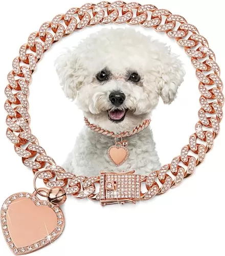 Hillban Dog Chain Gold-Plated Diamond Collar with Heart Rhinestones Jewelry Pet ID Tag Chain Heart Bling Collar with Personalized Name Tag for Small Medium Large Dogs Cats(Rose Gold, 8 Inch)