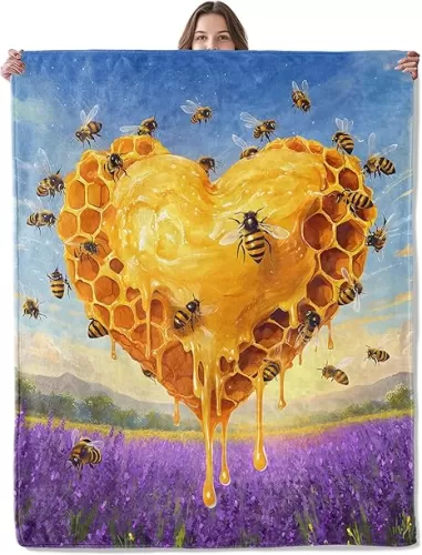 Honey Bee Blanket, Lightweight Comfy Golden Heart Shape Honeycomb Blankets for Couch Sofa Bedroom, Soft Plush Travel Flannel Throw Blanket Gifts for Adults Kids Women, Home Decor 60×50in