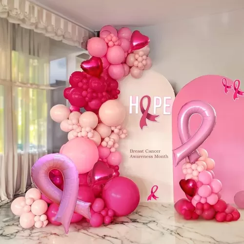 Hot pink and pink balloons 128pcs Breast Cancer Awareness Decorations Balloons Arch Kit Includes Latex Balloons with Pink Ribbons heart shaped balloon for Pink Ribbon Party Decoration Supplies