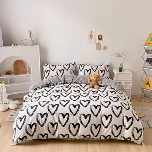 Houseri Love Duvet Cover Queen Heart Shaped Bedding Sets Full White and Black Duvet Cover for Women Men Boys Girls Teens Love Heart Bedding Duvet Covers Full Size