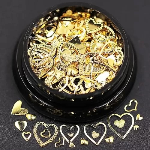 HYWWPFLA Gold Nail Charms 3D Nail Art Studs Mix Size Heart-Shape Heart Nail Art Charms Metal Nail Rivets Stud DIY Manicure Decoration for Nail Art Accessories (Heart)