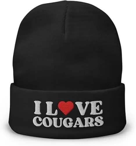 I Love Cougars Hat Embroidered Knit Beanie I Heart Cougars Funny Saying Gag Gifts Cap