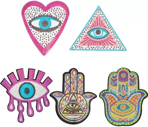 INFUNLY 5pcs Evil Eye Sequin Patches 9.8"x8.2" Palm Heart Evil Eyes Iron-on Applique Colorful Embroidery Sew-on Patches Triangle Evil Eyes Patches Applique for Clothing T-Shirt Jeans Jacket Sweatshirt