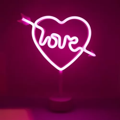 Isaac Jacobs 12.5” x 11.5” LED Neon Hot Pink Cupid’s Heart Table Light with “Love, ”, White Base, Lamp, Night Light, for Bedroom Décor & Party; Battery Powered (Batteries Not Included), (Hot Pink)