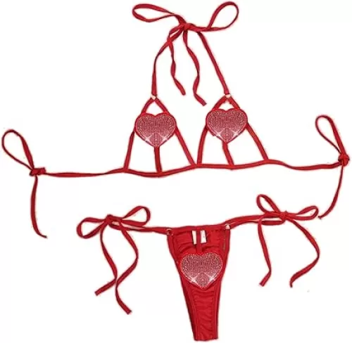 JasmyGirls Sexy Two Piece Bra and Panty Sets for Women Rhinestone Heart Lingerie Self Tie