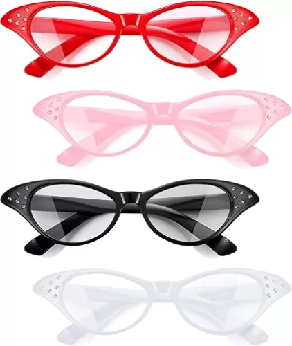 JOVITEC 4 Pieces Cat Eye Glasses with Rhinestones 50's 60's Party Costume Glasses for Hip Hop Dress up Halloween Party Favor (Red, Black, White, Pink)