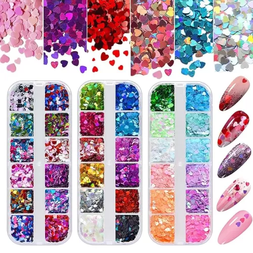 Kalolary 36 Boxes 3D Heart Nail Art Sequins Glitter, Colorful Heart Shaped Nail Glitter Sequins Acrylic Paillettes, Holographic Nail Sparkle Glitter for Valentine's Day