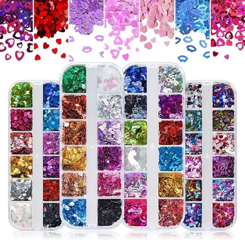 Kalolary 48 Grids Heart Nail Sequins 3D Holographic Lips Nail Art Glitter Hollow Heart Lip Shape Nail Art Laser Flakes Sparkly Confetti Glitter Paillette for DIY Nail Decor(4 Boxes)
