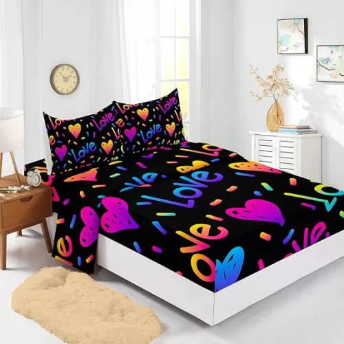 Kids Love Sheet Set - Black & Colored Heart Shaped Bedding Set for Women, Men, Boys, Teen Girls - Kawaii Love Heart Bedding - Queen Size - 4 Pieces
