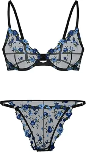 Lilosy Sexy Floral Embroidered Mesh Sheer Underwire Lingerie Set
