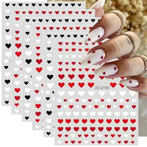 Love Heart Nail Art Stickers for Valentine's Day - 6PCS Red, Black, White Heart Shape Design Adhesive Decals - Manicure Accessories for DIY Decorations