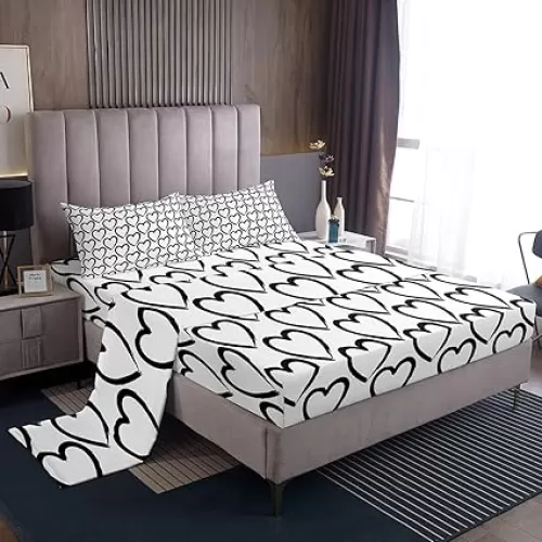 Love Sheet Set Heart Shaped Bed Sheets, Black and White Lattice Plaid Fitted Sheet Buffalo Checkered Geometric Grid Flat Sheet for Women Boys Girls Love Heart Kawaii Room Decor Full