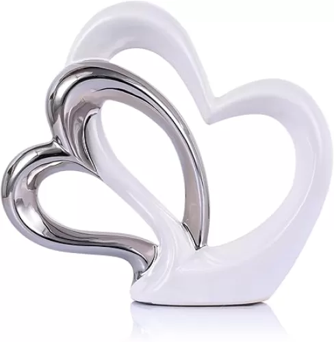 Love Statue Valentines Heart Decorations Ceramic Heart Statue - Double Heart Sculpture Table Shelf Ornaments, Anniversary Couple Gift for Her Home Decor Ceramic Heart Sculptures Figurine (B-silver)
