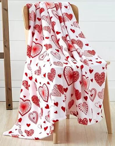 Love Valentine Throw Blanket: Boho Hearts with Modern Contemporary and Traditional Designed Red and White Hearts, Microfiber Fleece Velour, Accent for Couch Sofa Chair Bed or Dorm (Boho Hearts)