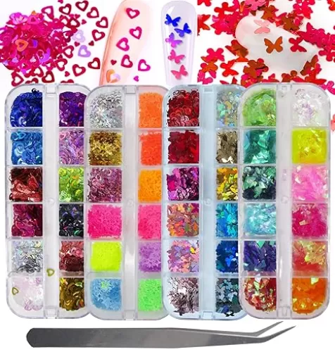 LoveOurHome Nail Glitters Sequins Set Mixed Shaped Holographic Heart Butterfly Neon Star Chunky Glitter Flakes Accessories Manicure Sticker Decorations for Makeup Crafts Resin Nails
