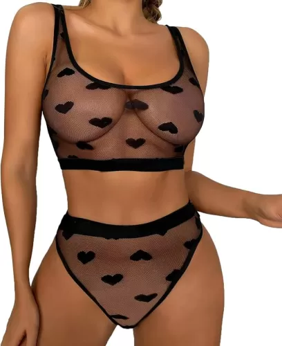 Mesh Bra and Panty Sets for Women, Sheer Sexy Lingerie for Women Heart Embroidered, Onesize 2-8