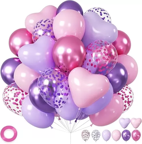 Metallic Hot Pink Magenta Purple Bonfetti Balloons - 12 Inch Pink Heart Balloons for Girls Princess Happy Birthday Party Decorations Baby Shower
