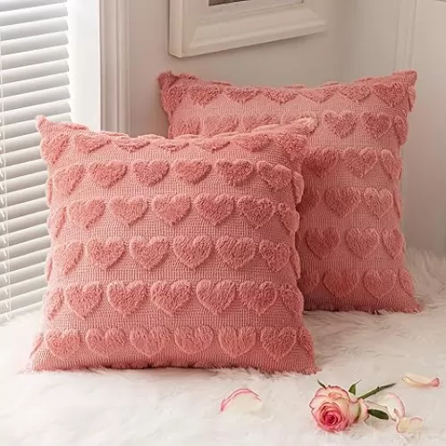 MIULEE Set of 2 Coral Red Mothers Day Valentines Pillow Covers Heart Love Decorative Cute Throw Pillows 18x18 Inch Soft Plush Faux Wool Farmhouse for Spring Sofa Livingroom Bed