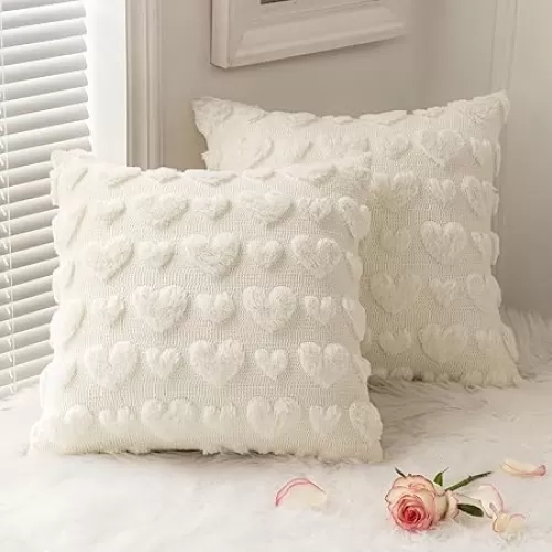 MIULEE Set of 2 Cream White Mothers Day Valentines Pillow Covers Heart Love Decorative Cute Throw Pillows 18x18 Inch Soft Plush Faux Wool Farmhouse for Spring Sofa Livingroom Bed