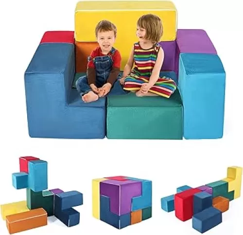 Modular Kids Play Sofa, 7 PCS Soft Kids Nugget Play Couch for Soma Cube Blocks, Heart, Puppy, Camel Shape Puzzle, Baby Play Sofa for Boys and Girls, Multi Color