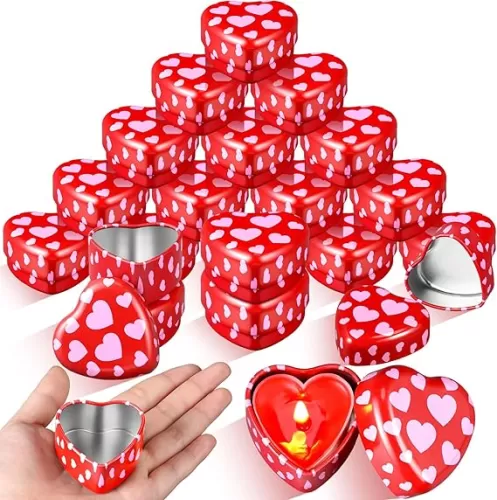 MorningRo 24 Pcs Valentine Heart Candle Tins with Lids Empty Heart Shaped Candle Jars 2 oz Containers Box for DIY Making Candles Valentine Gifts(Red)