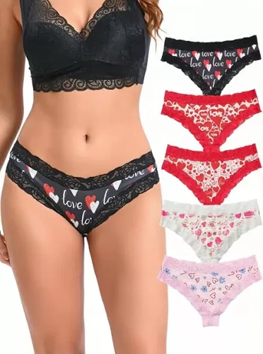 Morvia 5pcs Sexy Women Contrast Lace Hipster Panties Valentine