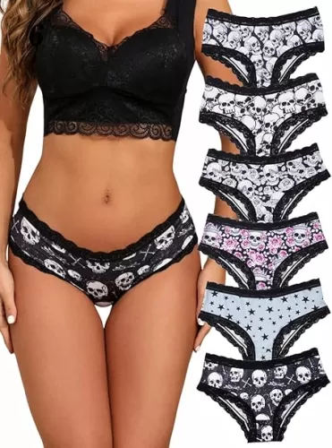 Morvia 6pcs Women Underwear Gothic Sexy Halloween Skulls Roses Allover Print Contrast Lace Hipsters Panties