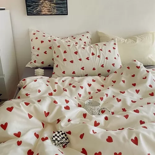 Nayoroom Heart Duvet Cover Queen Size Cute Red Love Heart Printed on White Bedding Set 3Pcs Kids Girls Kawaii Heart-Shaped Pattern Comforter Cover with Zipper Closure Soft Breathable Microfiber