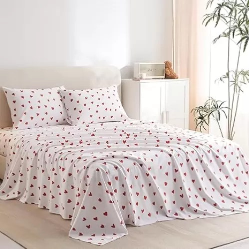 Nayoroom Twin Sheet Set Red Heart Bed Sheets Set Girls Cute Heart Shaped Soft Microfiber Sheets 3 Pieces Kids Bed Set, 1 16 inch Deep Pocket Fitted Sheet, 1 Flat Sheet, 1 Pillowcase