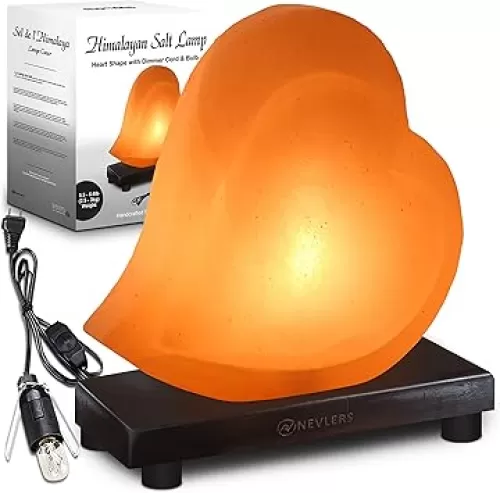 Nevlers Heart Shape Pink Himalayan Salt Lamp w/Wood Base| 2.35 lbs & 7"- 8" Himalayan Salt Lamps w/Dimmer Cord & Light Bulb| 100% Salt Rock Lamp | Ambient Himalayan Salt Night Light for Home Decor