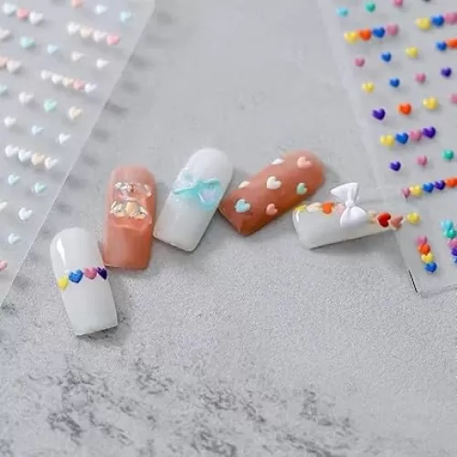 New 5D Embossed Heart Shape Nail Art Sticker Decals Macaron Color Heart Shape Self Adhesive Nail Art Stickers for Natural Nails and Acrylic Nails for Women Girls Children (2 Pieces) + 6 PCS 3D Nail Art Accessories + Multifunctional Nail Tweezers (1 P