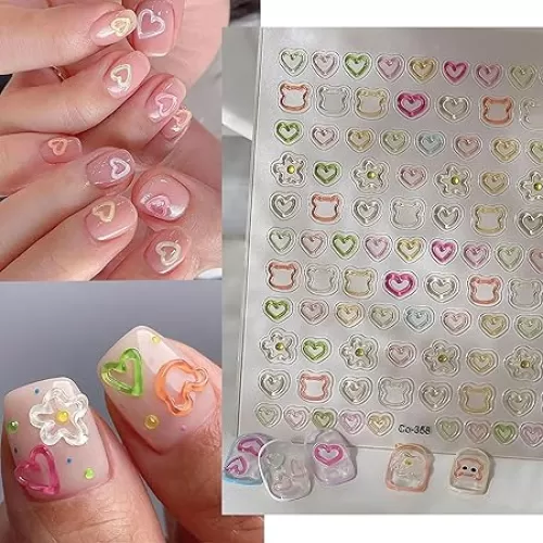 New 5D Embossed Nail Stickers, Self-Adhesive Nail Art Decals, Translucent Color Heart Shaped Nail Art Accessories, Fashionable 3D Jelly Texture Nails Designs for Women