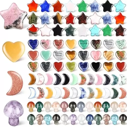 Nuenen 100 Pieces Crystal Bulk Mushroom Sculpture Valentine Heart Shaped Moon Star Crystals Stones Worry Stones Assorted Hand Making Palm Thumb Gemstones for Meditation Reiki Balancing
