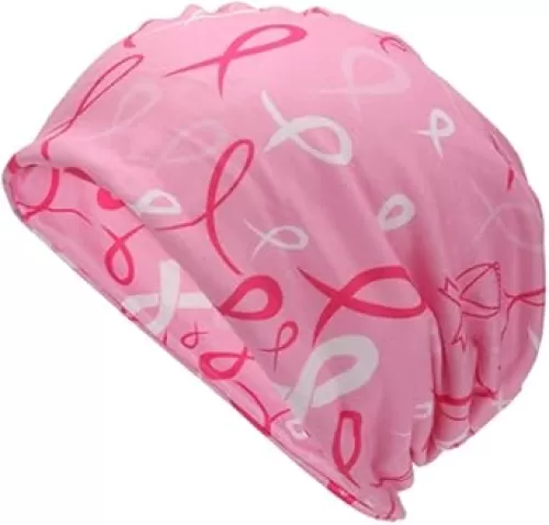 NUMJAW Pink Beanie Chemo Cap for Women - Heart Themed, Stretchy, Lightweight HAT for Outdoor Activities, Cancer Headwear, Nighttime Use, Gift