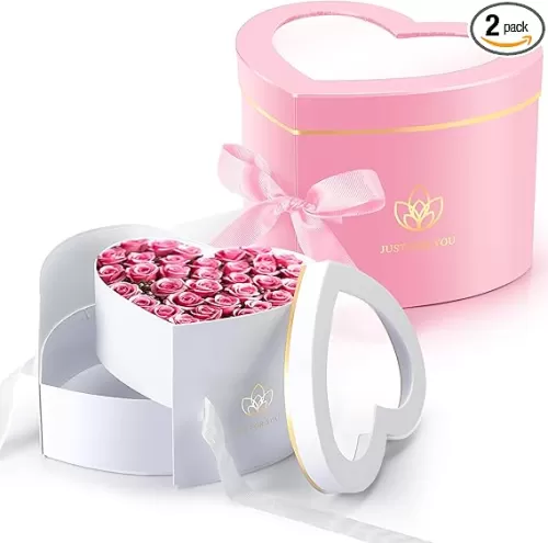 Outus 2 Pcs Mother's Day Heart Shaped Boxes for Flower Double Layers Rotating Floral Box with Transparent Window Lids Graduation Flower Box Gift for Mom Wedding, 9 x 8 x 6.5 Inch(White, Pink)