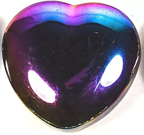 Pair 30mm Rainbow Hematite Carved Hearts Titanium Aura Covered Gemstone Crystal Mineral Palm Stone Specimens - 2PCs
