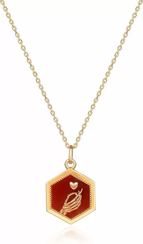 Pendant Necklace, Hexagonal Carnelian Crystal, Gold Vermeil, Sterling Silver, Skeleton Hand Heart Design, Love Symbol, Romantic Gift for Lovers