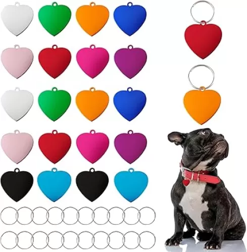 Pet ID Tag, 20 PCS Pet Aluminum Personalized ID Tag Colorful Double Side Blank Dog Tags with 20 PCS Key Rings, Heart-Shape