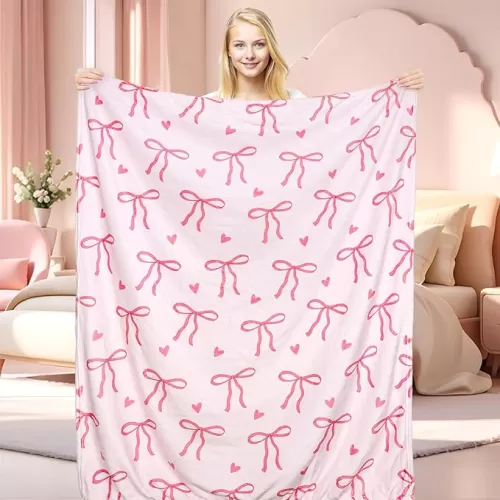 Pink Bow Fuzzy Throw Blanket Lovely Bowknot Heart Throw Blanket Soft Cozy Flannel Blanket for Home Bed Sofa Couch Chair, 50 x 60 Inch