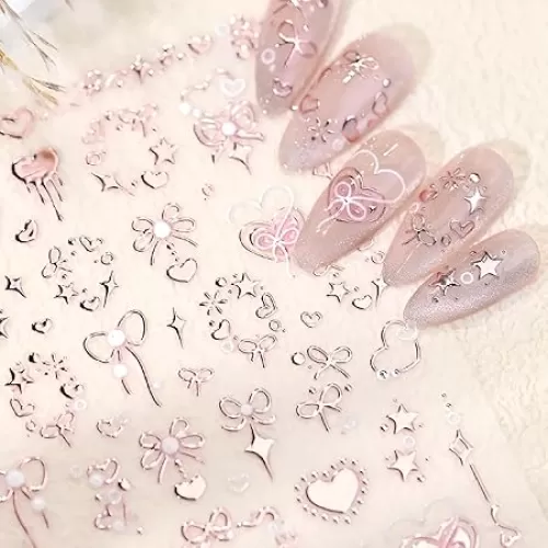 Pink Heart Nail Art Stickers Decals 5D Embossed Star Nail Stickers for Nail Art Pink Bow Nail Decals Valentine Nail Design Cute Nails Supplies for Women