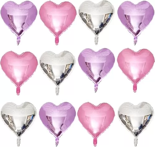 Pink Heart Shaped balloons Pack of 12, 18 Inch Silver Love Valentine Balloons Purple Heart Romantic Balloons For Valentines Day Propose Marriage Wedding Bridal Shower Engagement Party Decorations