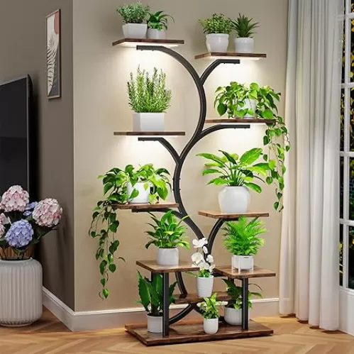 Plant Stand Indoor with Grow Lights - 10 Tiered Plant Shelf Indoor, 63" Lighted Corner Plant Stand for Indoor Plants, Metal Tall Flower Holder, Tree-Shaped Plant Rack for Living Room, Patio