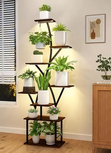 Plant Stand Indoor with Grow Lights 64" Tall Plant Shelf Corner Lighted Plant Stands for Indoor Growing Multiple Metal 8 Tiered Large S-Shape Flower Plant Rack for Home Decor Patio Balcony