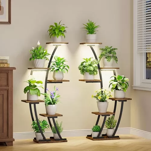 Plant Stand Indoor with Grow Lights, Plant Shelf Indoor 2 Pack, Corner Plant Stands for Indoor Plants, 6 Tiered Plant Flower Display Shelf, Half-Moon Plant Rack for Home, Living Room, Black
