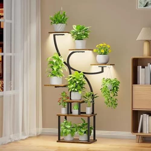 POZILAN Plant Stand Indoor with Grow Light, 47" Corner Plant Stand for Indoor Plants, 7 Tiered Tall Plant Shelf Indoor Flower Stand, Plant Rack Holder for Living Room, Balcony, Garden, Patio