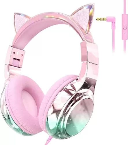 QearFun Kids Cat Ear Headphones with Cord for Girls with Microphone, 85/94dB Safe Volume Limiter, Share Port, Foldable Sparkly Wired Headset for School, Travel, Tablet, iPad - Pink
