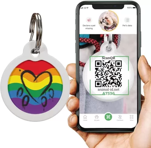 QR Code Dog Tag, Pet ID Tags for Dogs - Silent Dog Tags Personalized for Pets - QR Tag to Pet Online Profile - Stainless Steel Dog Tag with Rubber Silencer (LGBT Heart)