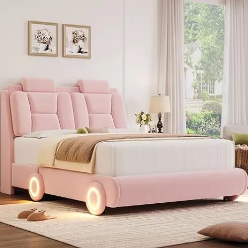 Queen Upholstered Led Bed Frame with Wheels Decor & Adjustable Curved Headboard Modern Car-Shaped Platform Bed with Detachable Pillows Solid Wooden Slats Support No Box Spring Needed, Velvet Pink